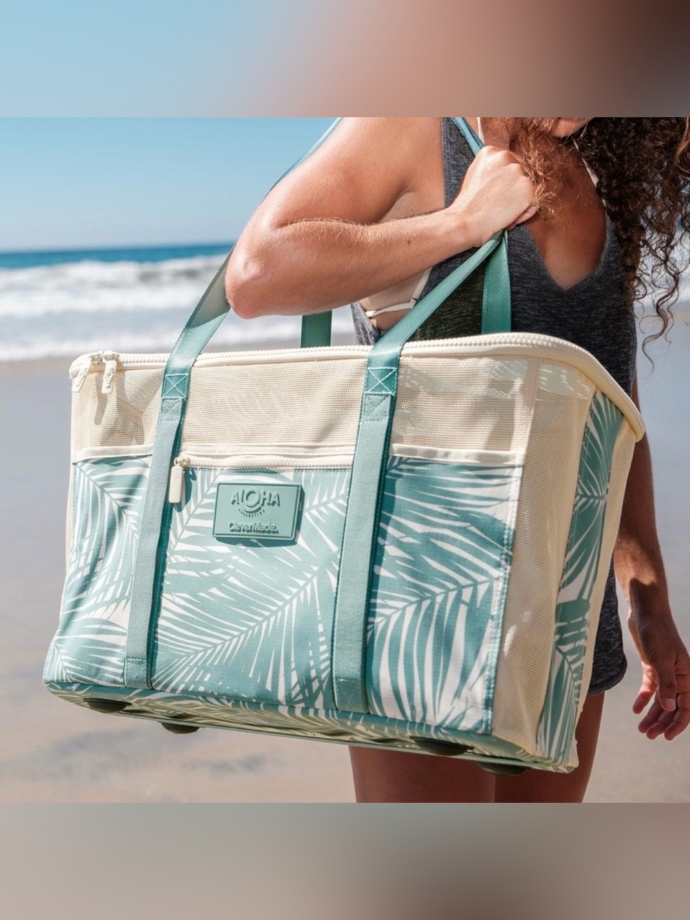 ALOHA Collection Collapsible Teal Palm-Print Tote with Cream Trim - Picture 2 of 8